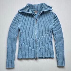 Vtg Y2K CASLON Chunky Pastel Blue Ribbed Zip Up Knit Sweater / Petite S Minimal